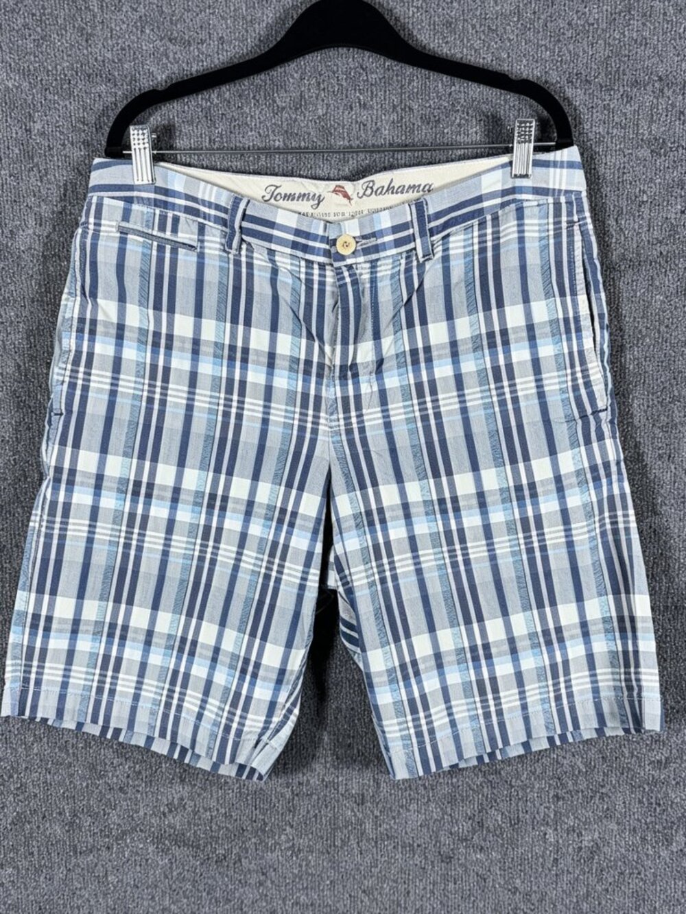Tommy Bahama Shorts Mens 34 Blue Gray Plaid Cotton Chino Casual Summer Golf